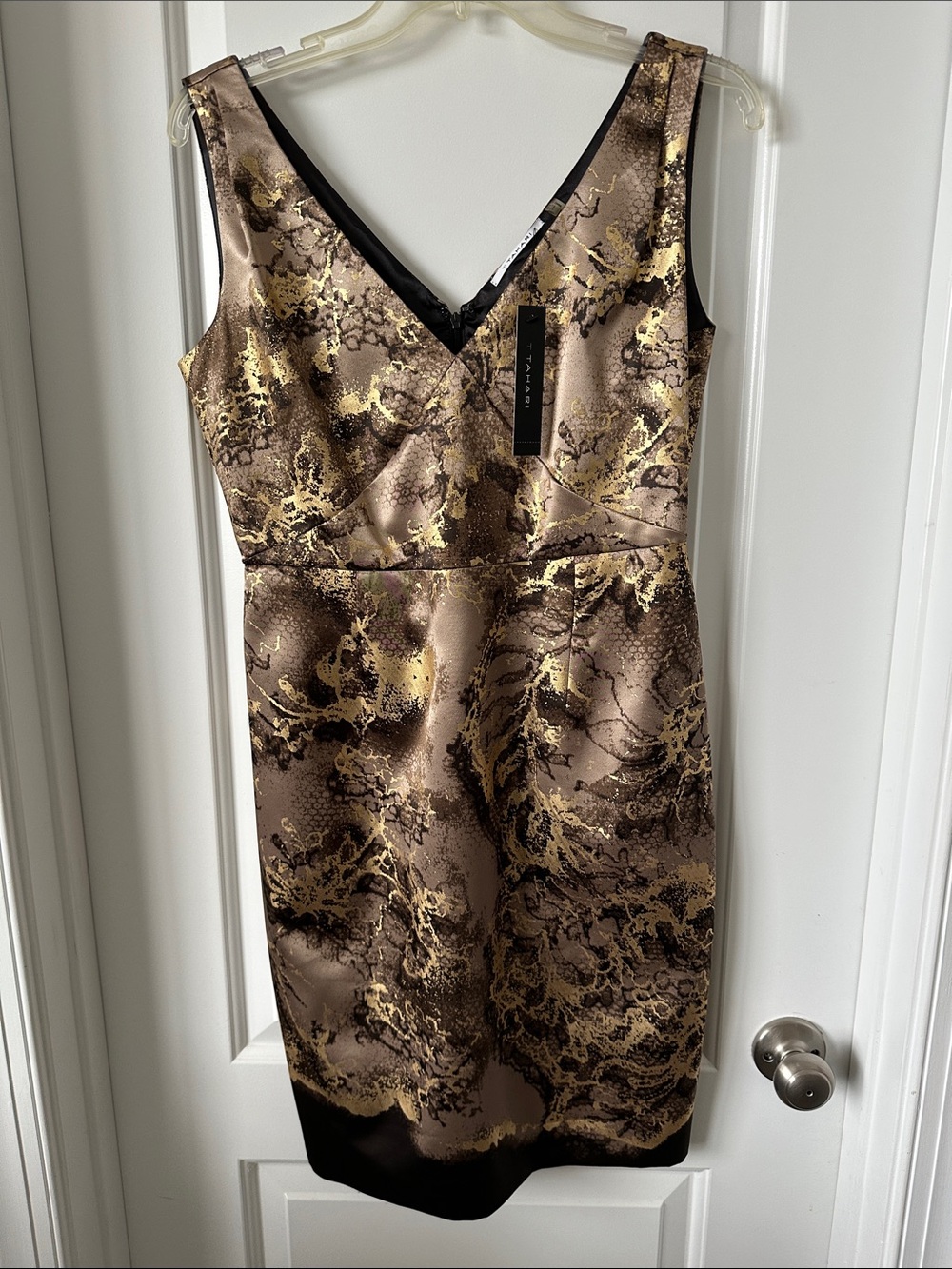 T Tahari Metallic Gold and Brown V-Neck Sheath Dress